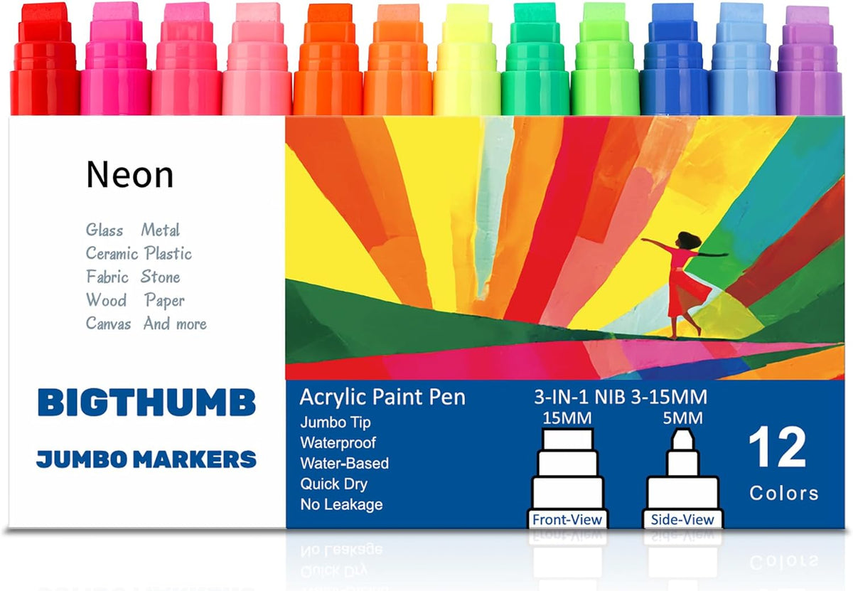 Jumbo Graffiti Poster Markers Set: 12 Neon Colors Large 15mm Wide Tip Permanent Ink Thick Acrylic