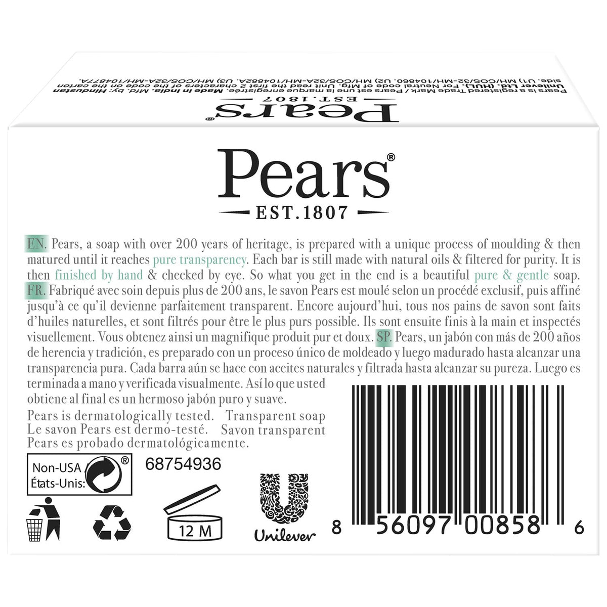 Pears Soap, Pure & Gentle with Lemon Flower Extracts, 3-Pack – Transparent Green Glycerin Soap for