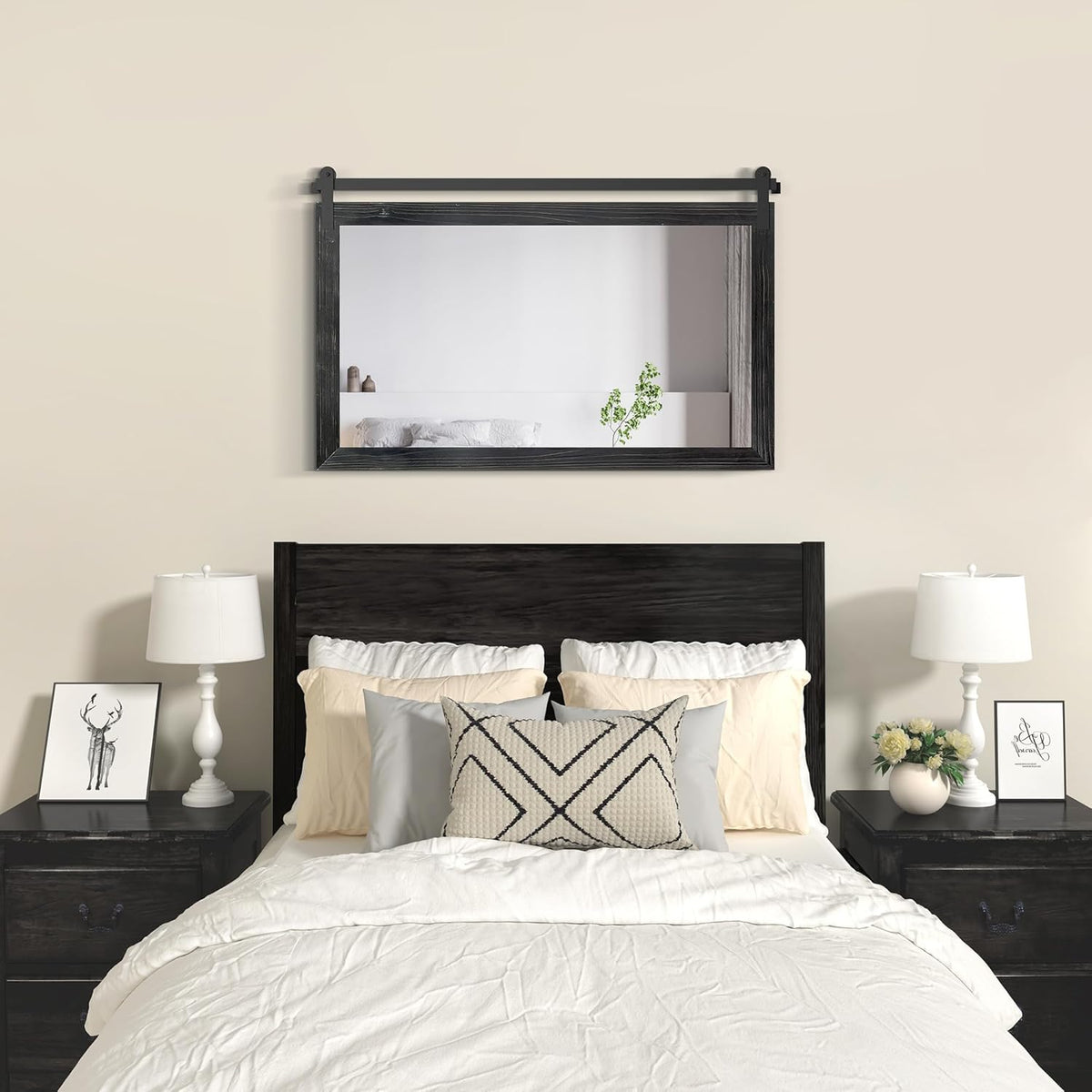 COGOOD Farmhouse Bathroom Mirror - 49 x 30 Rustic Wood Framed Wall Barn Door Mirror for Entryway