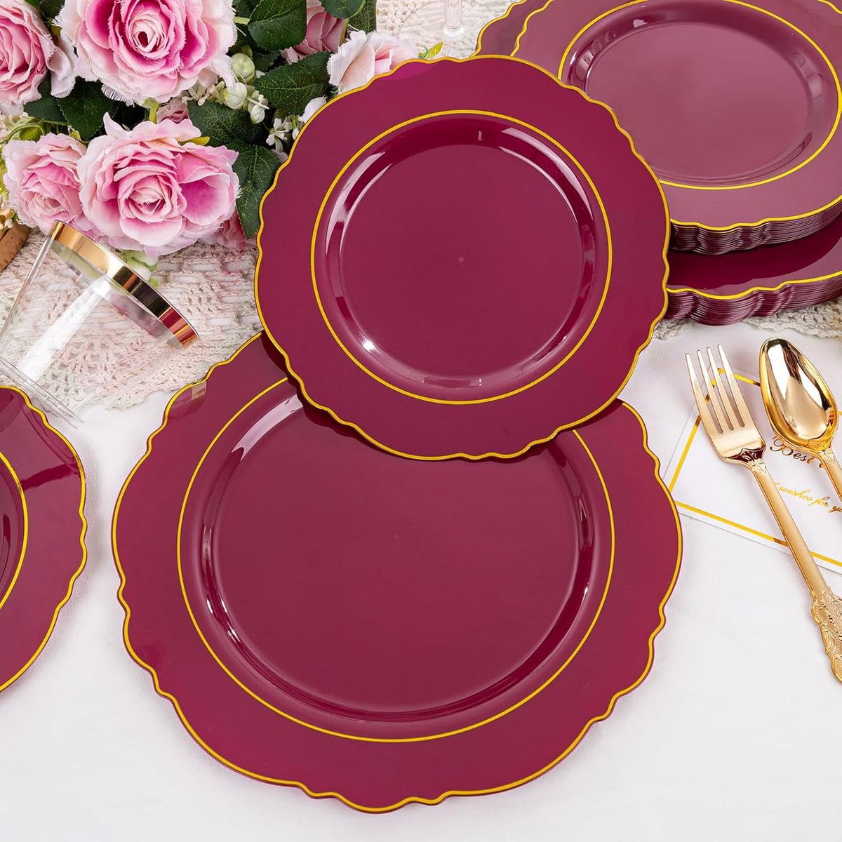 Liacere 350PCS Red Plastic Plates-Disposable Burgundy Red and Gold Plates 50guest Baroque Plastic
