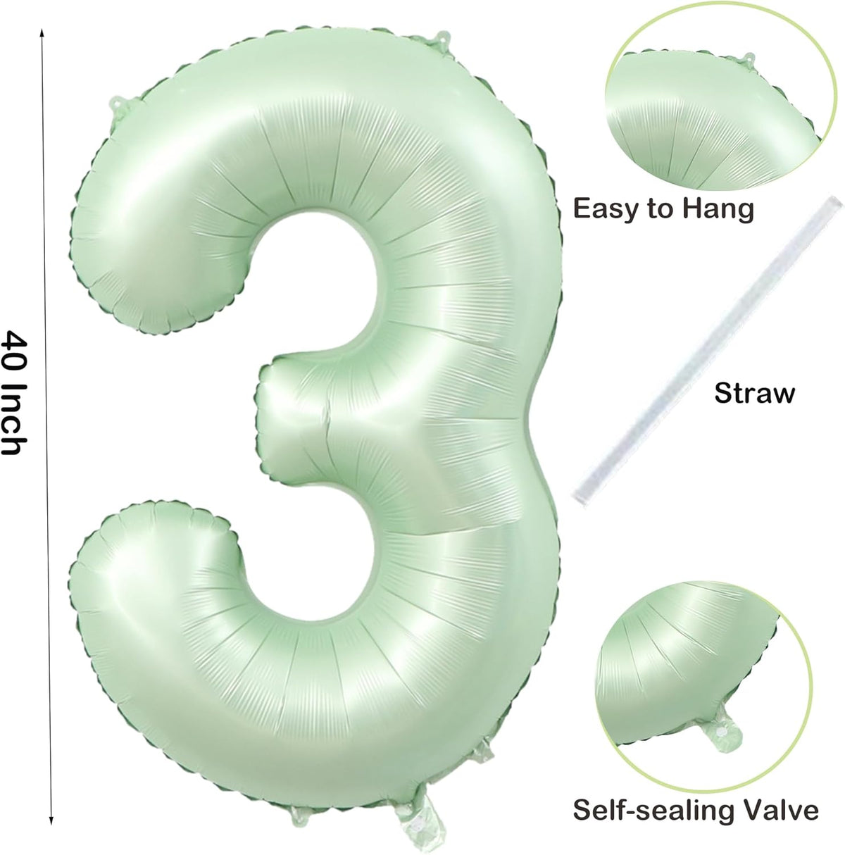40 inch Olive Green Number 3 Balloon Large Jumbo Digit 3 Foil Helium Number Balloon for Wedding