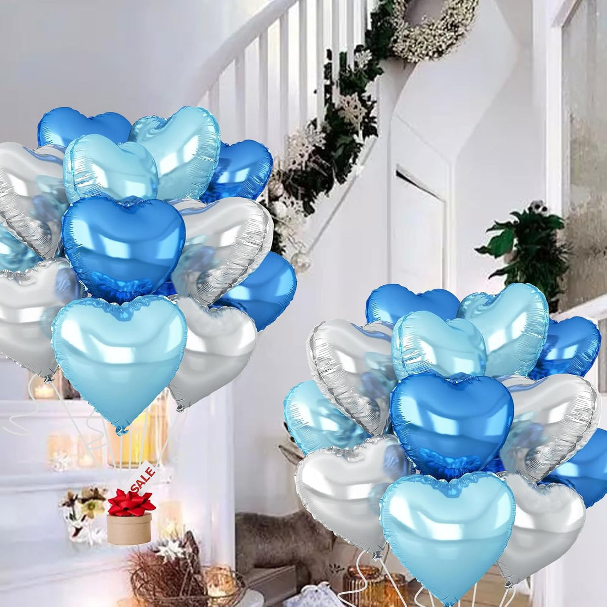 Silver Heart Balloons,18inch Bright Blue Heart Shaped Foil Balloons & Blue Helium Mylar Balloon for