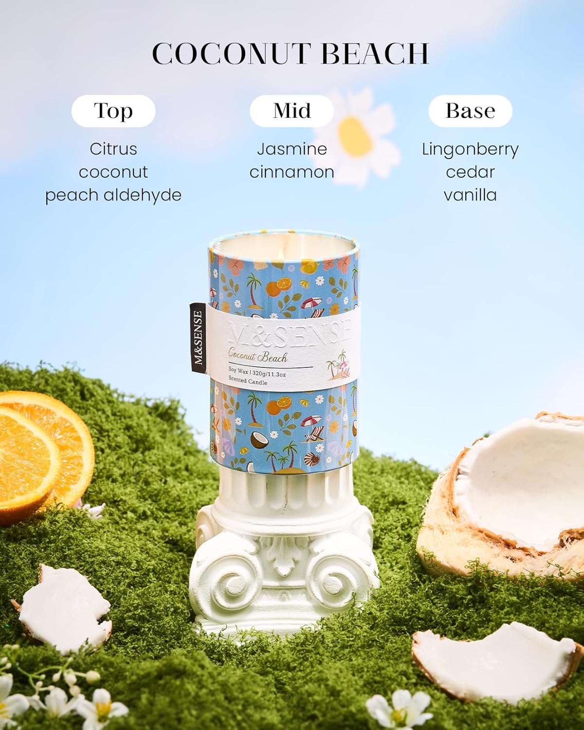 M&SENSE Coconut Beach Scented Candle, Medium Jar Candle 11.3oz Natural Soy Wax for Home Scented