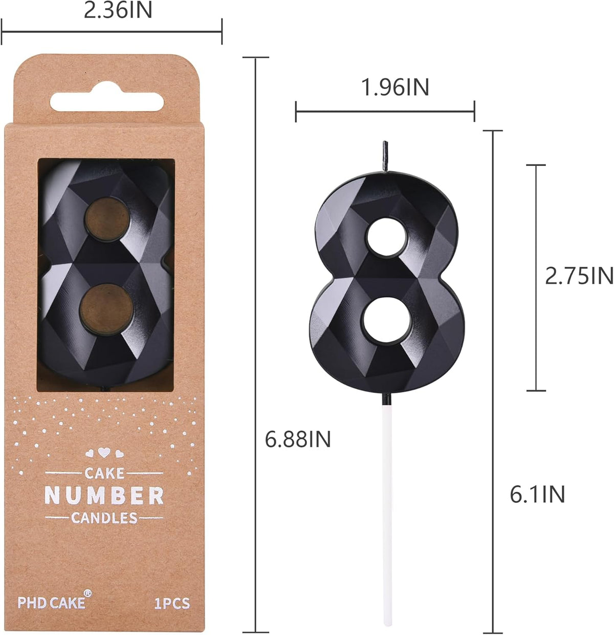 PHD CAKE 2.76 Inch Crystal Black 8 Number Birthday Candles, Red Number Candles, Cake Number
