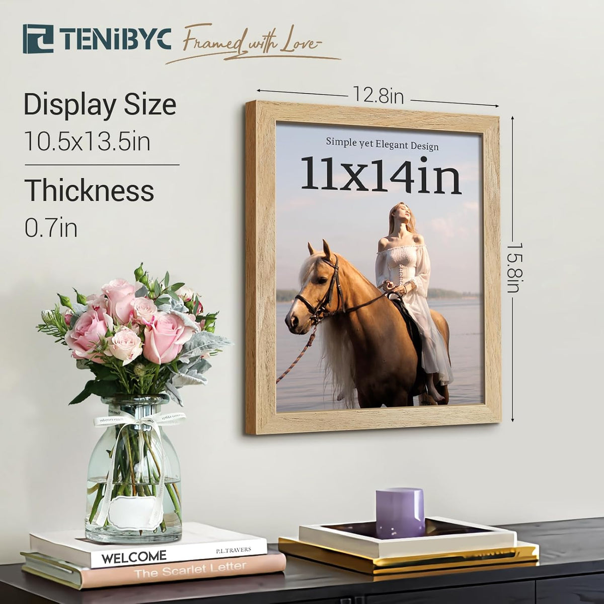 11x14 Picture Frame Set - 4 Pack, Natural Solid Wood, HD Tempered Glass, Elegant Wood Grain, Wall