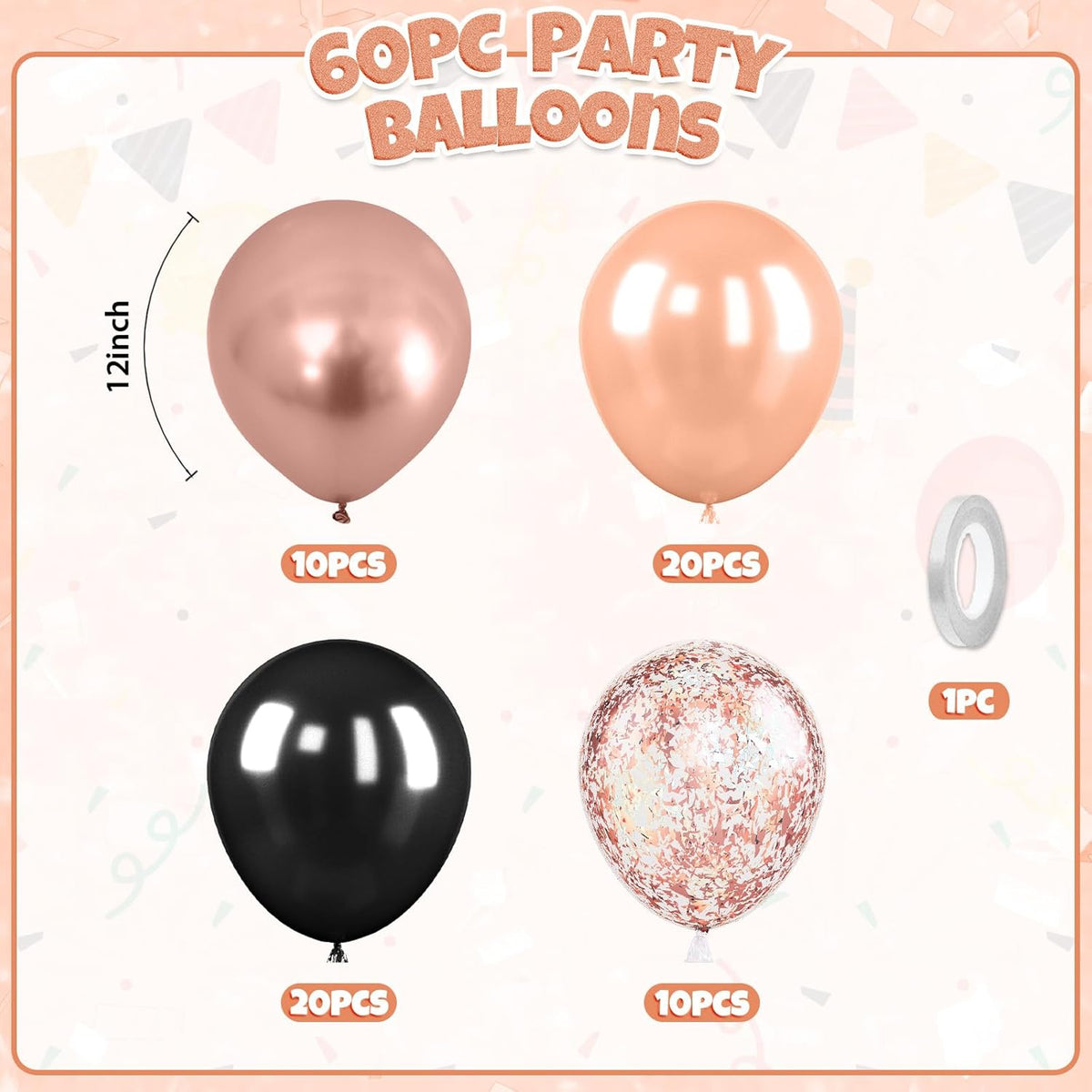 Black Rose Gold Balloons, 60pcs Rose Gold And Black Balloons, Metallic Pearl Matte Confetti Balloon