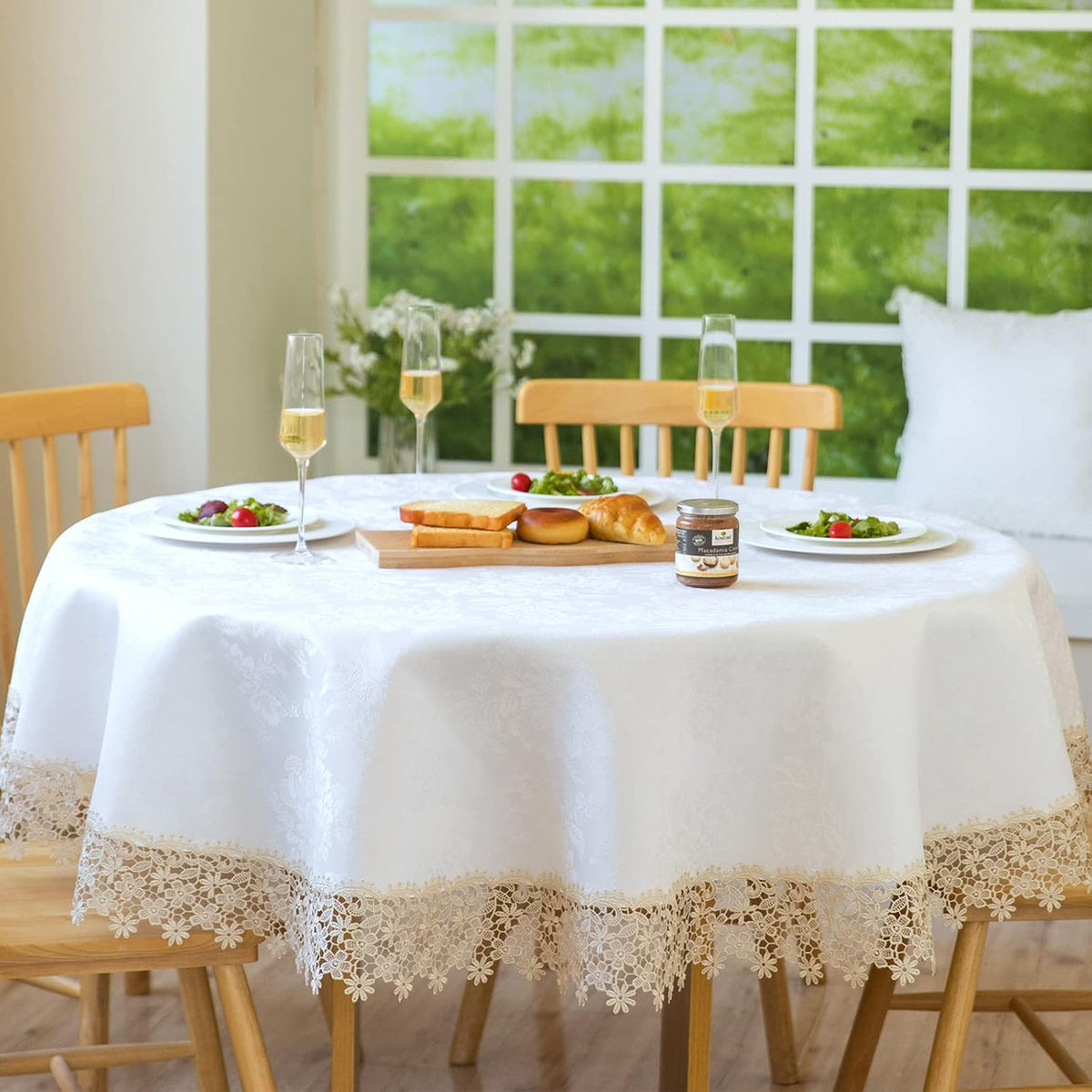 Beige lace Premium Round Farmhouse Tablecloth Waterproof OilProof SpillProof AntiShrink Soft