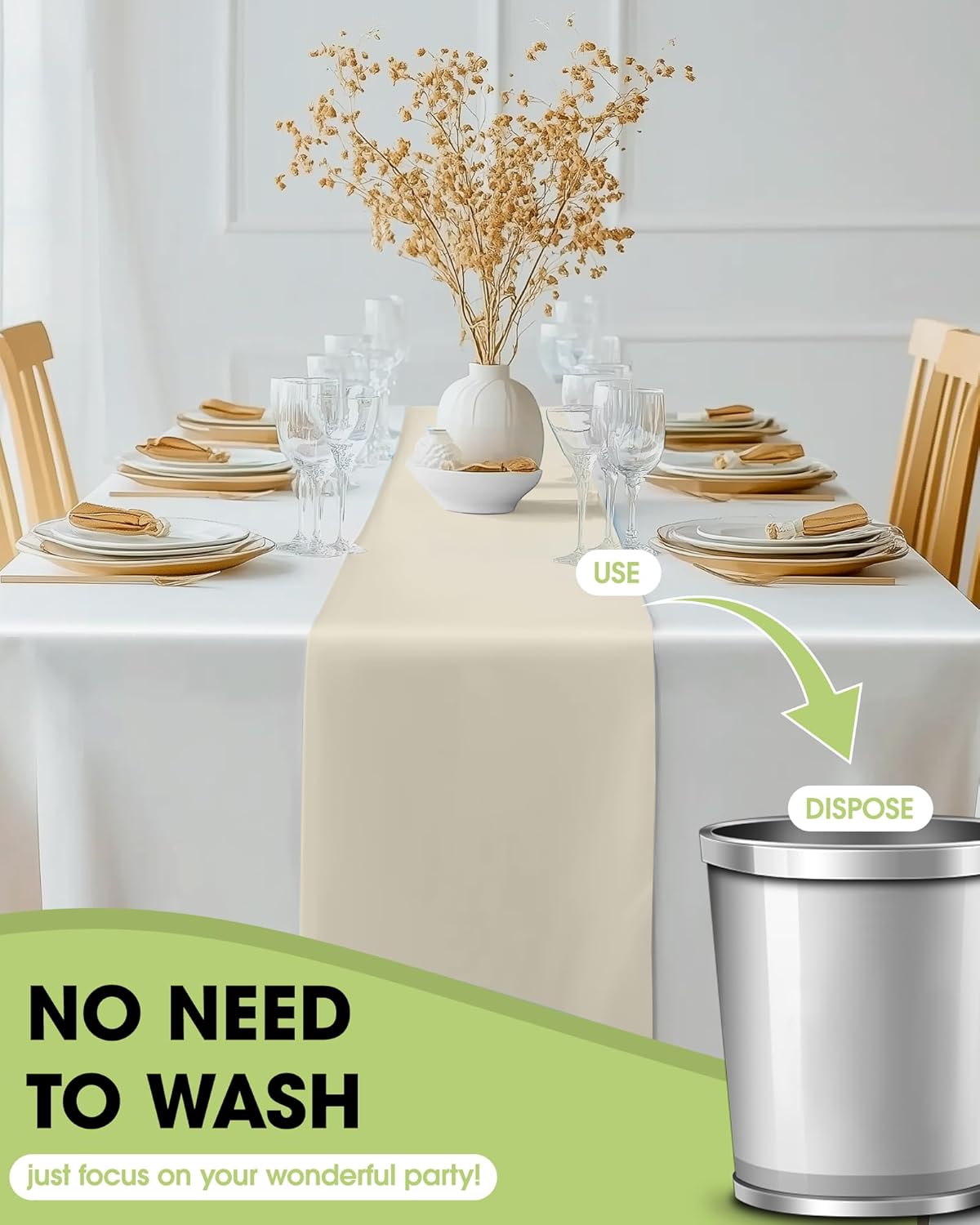 Pureegg Ivory Plastic Table Runners - 10 Pack, 14'' x 108'', Water Resistant & Disposable Cream