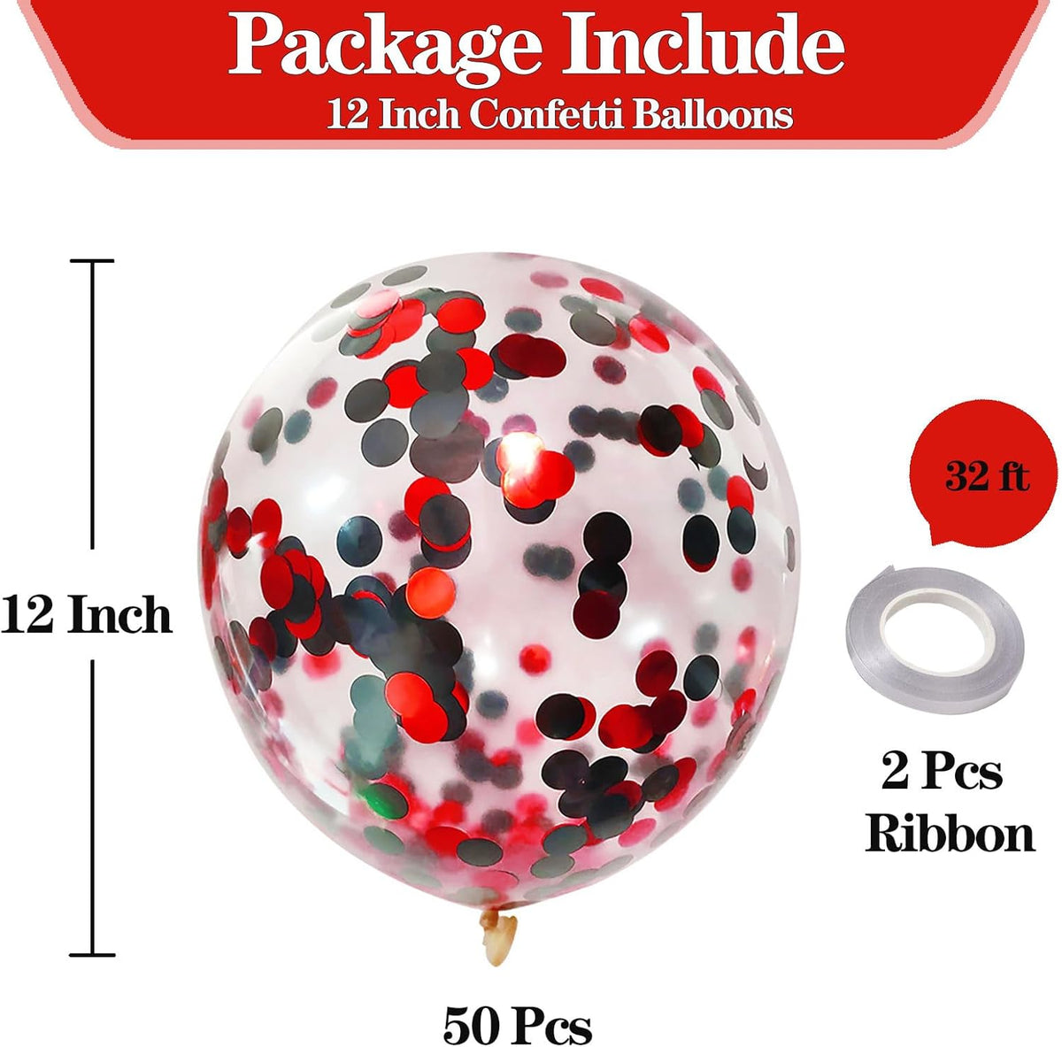 50pcs Black and Red Foil Confetti Balloons,12 inch Latex Balloon with Black Red Confetti Inside for