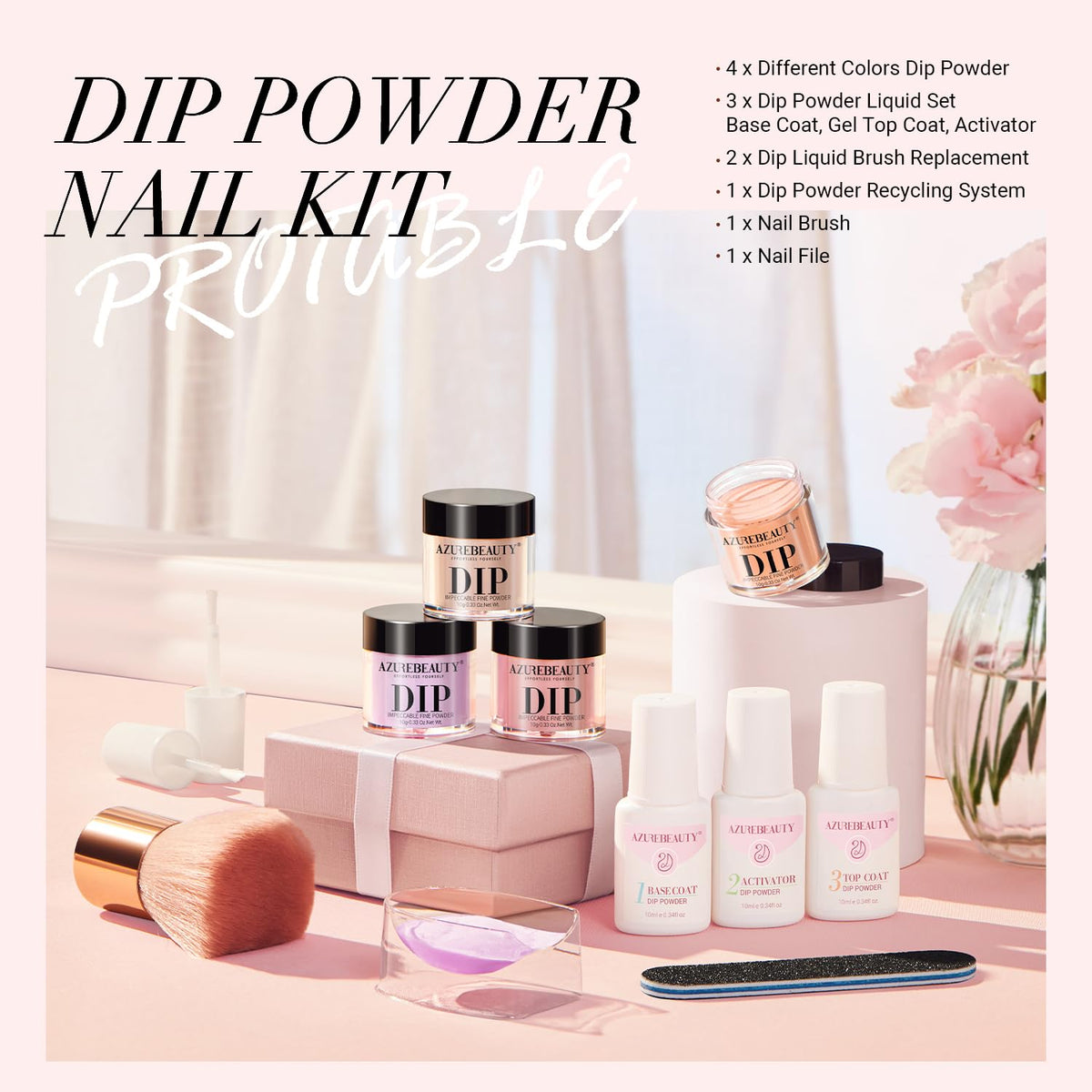 AZUREBEAUTY Dip Powder Nail Starter Kit, 4 Colors Translucent Jelly Nude Gentle Pink Dipping Powder
