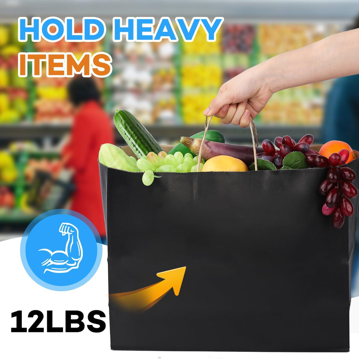 BURVAGY 16x6x12 Inch 100 Pcs Kraft Paper Bags with Handles Bulk, Kraft Shopping Black Large