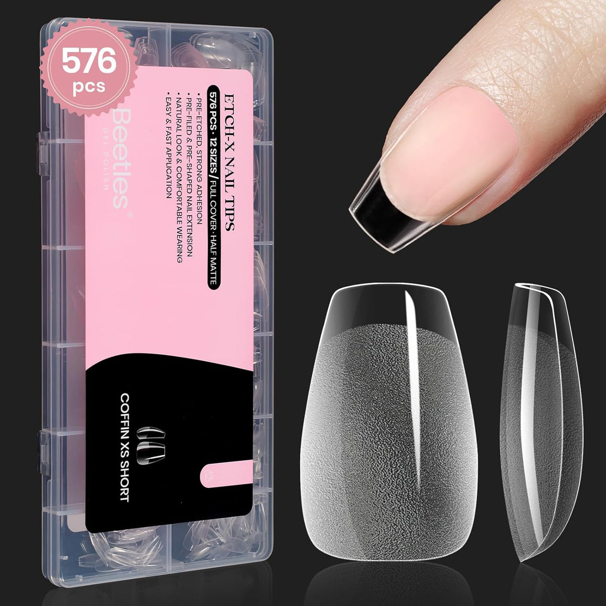 Beetles Gel Nail Tips Extra Short Coffin 576Pcs 12 Sizes - Pre-Etched Shaped Half Matte Soft Nail