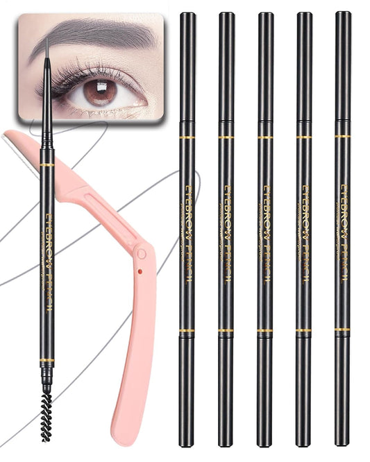 Gray Eye Brow Pencils for Women, 6Pcs Waterproof Eyebrow Pencil, 1.5mm Micro-Fine Tip & Spiral