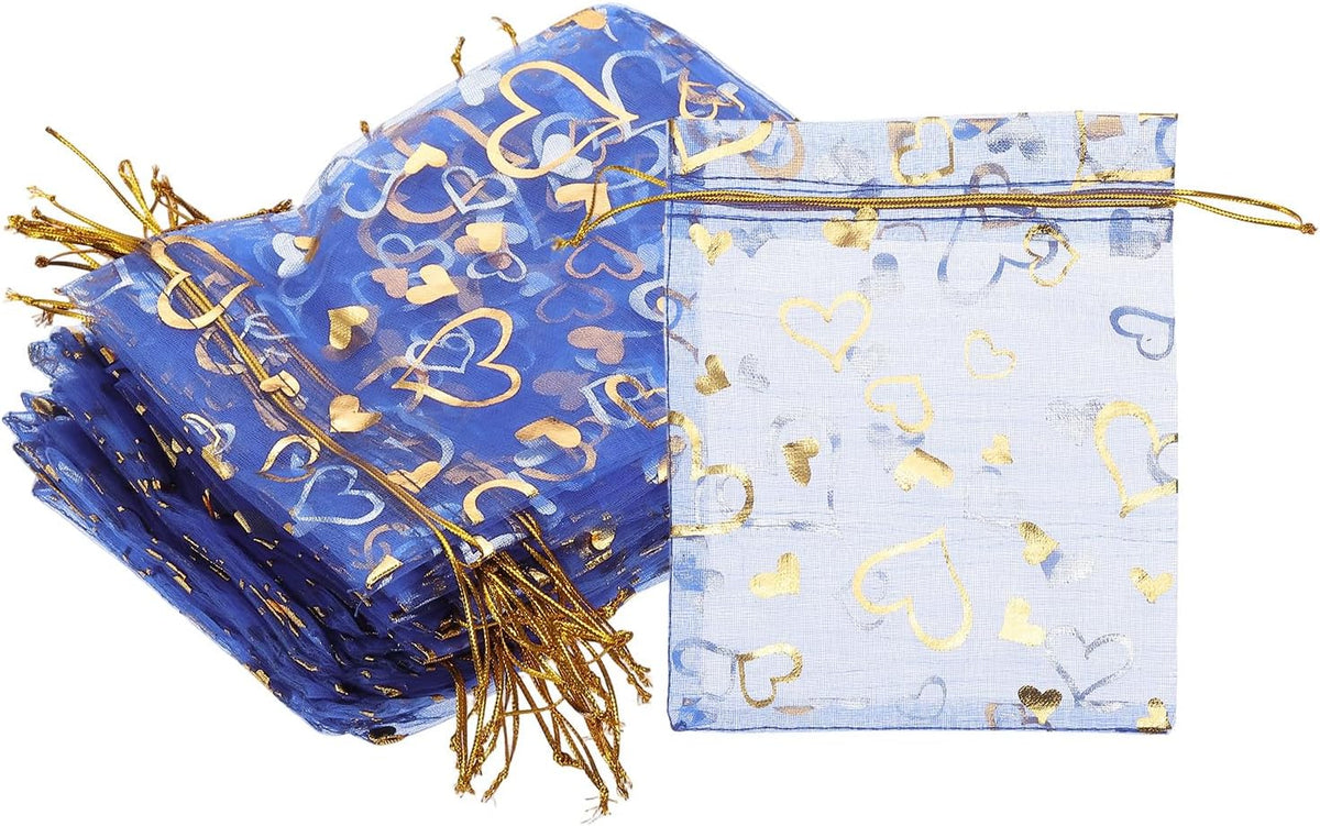 PATIKIL 100 Pcs 5x7 Inch Heart Printed Organza Bags, Navy Blue Sheer Heart Organza Bags with