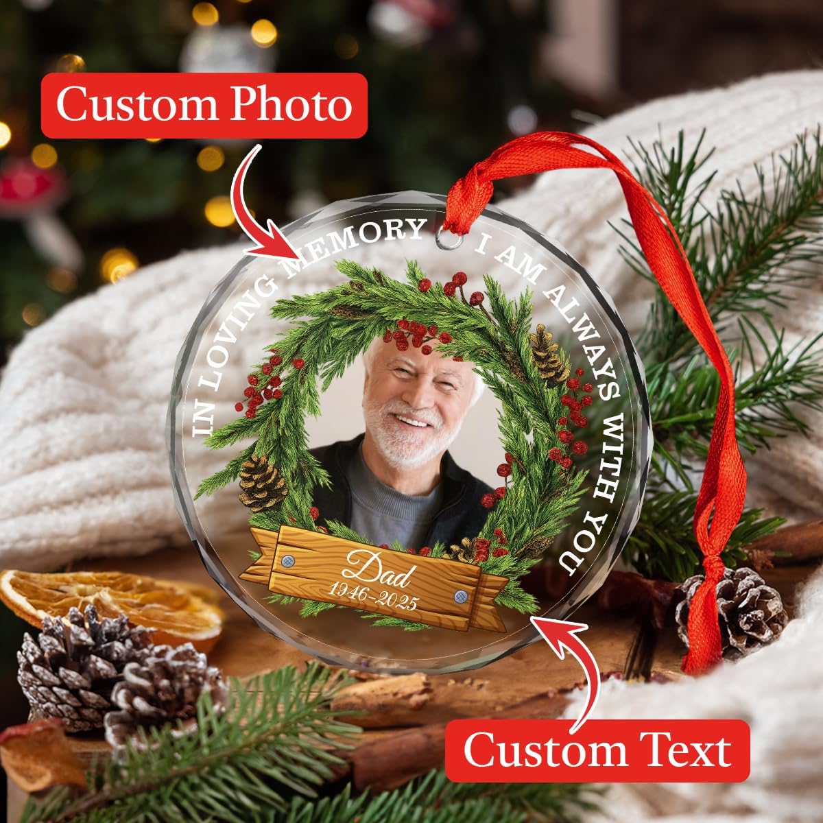 Personalized Memorial Glass Ornament 2025 – I Am Always with You Ornament, Custom Photo Memorial