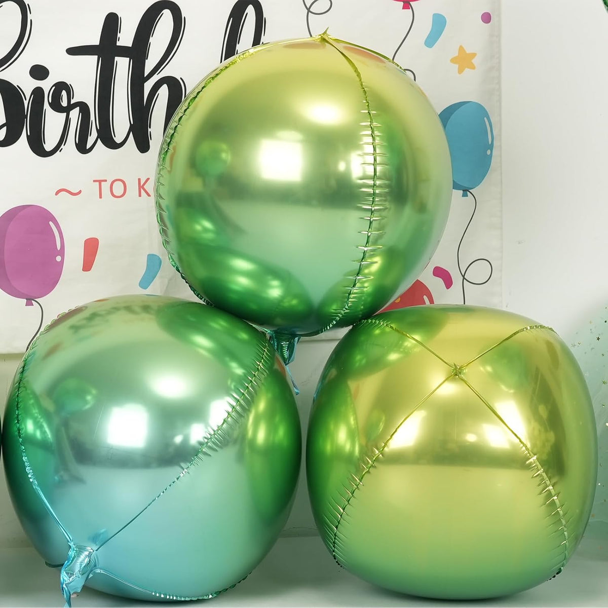 6Pcs Gradient Green Round Foil Balloons, 22" Large Helium Ball Mylar Balloon, Metallic Green Foil