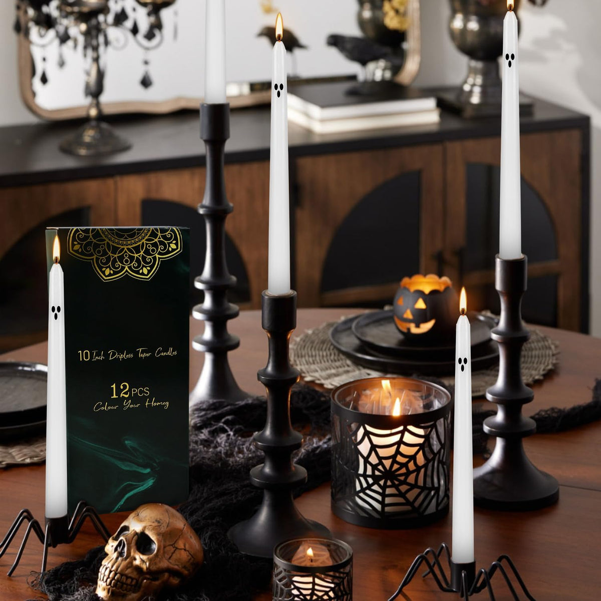 12 Pack Halloween Taper Candles - 10 Inch White Ghost Face Smokeless Candles, Long-Lasting 7+ Hour
