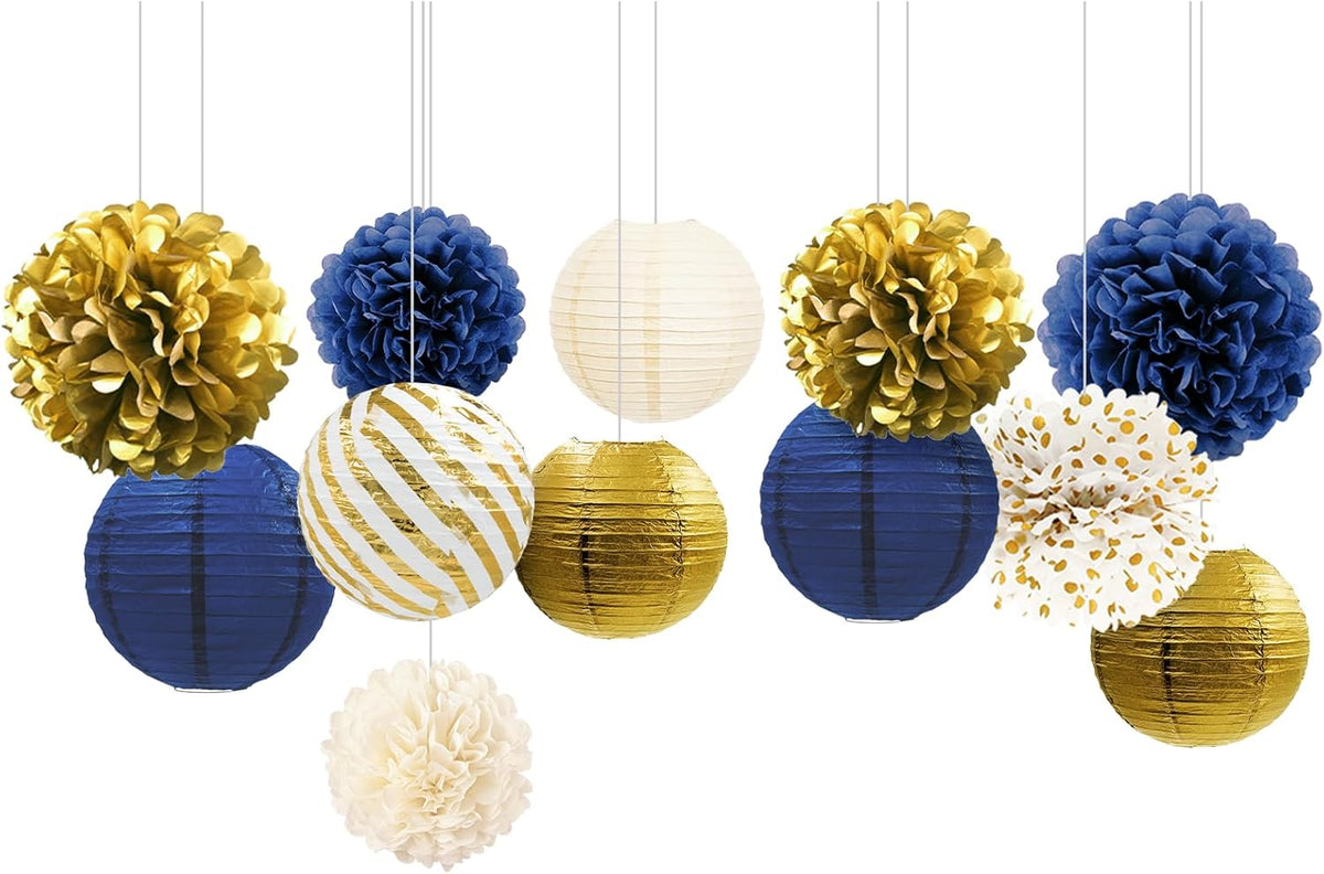 NICROLANDEE Navy Blue and Gold Decorations, 12PCS Hanging Paper Lanterns Tissue Pom Poms Decor for