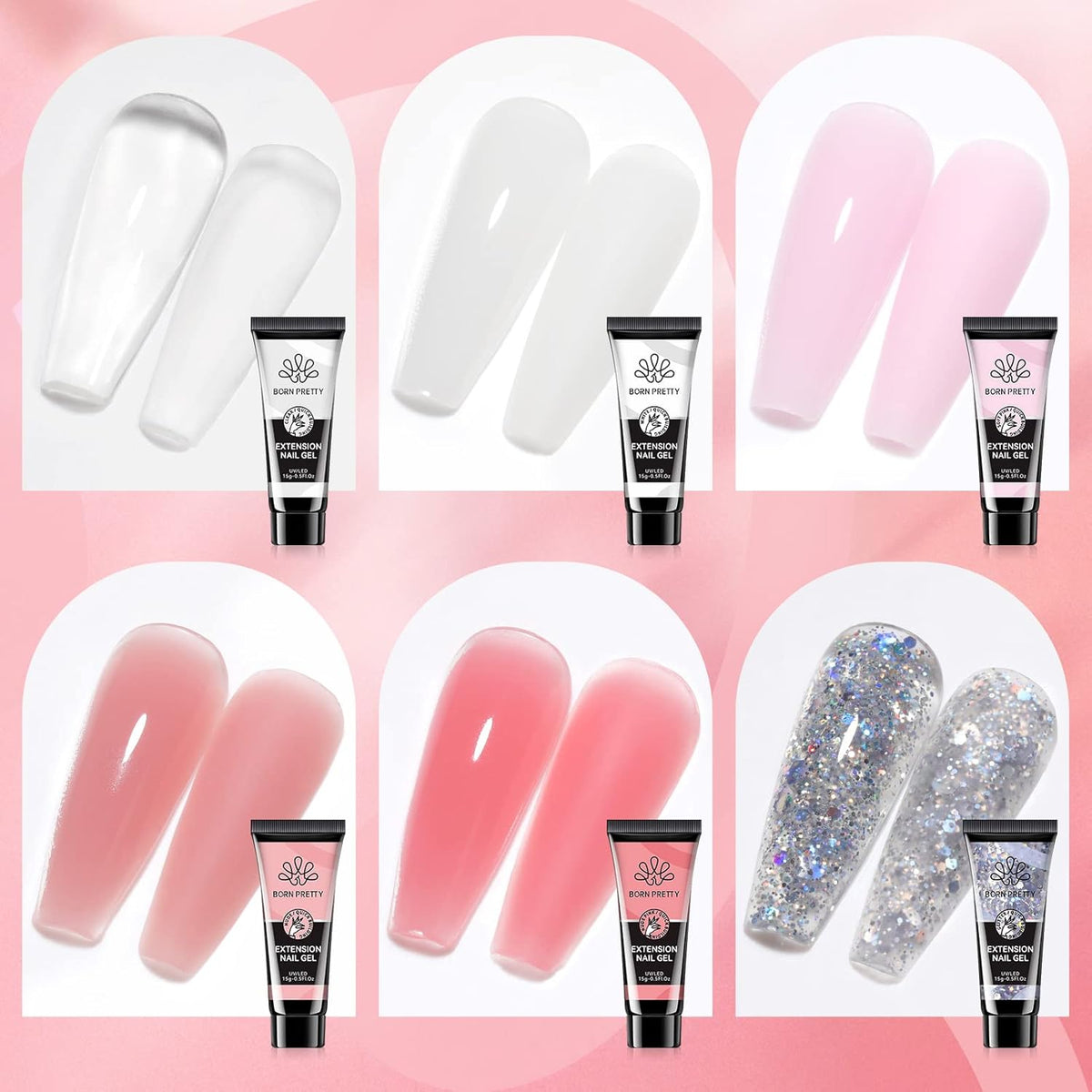 BORN PRETTY Poly Nail Extension Gel Kit-6 Colors Poly Nails Gel Kit Nude Clear Jelly Pink All In