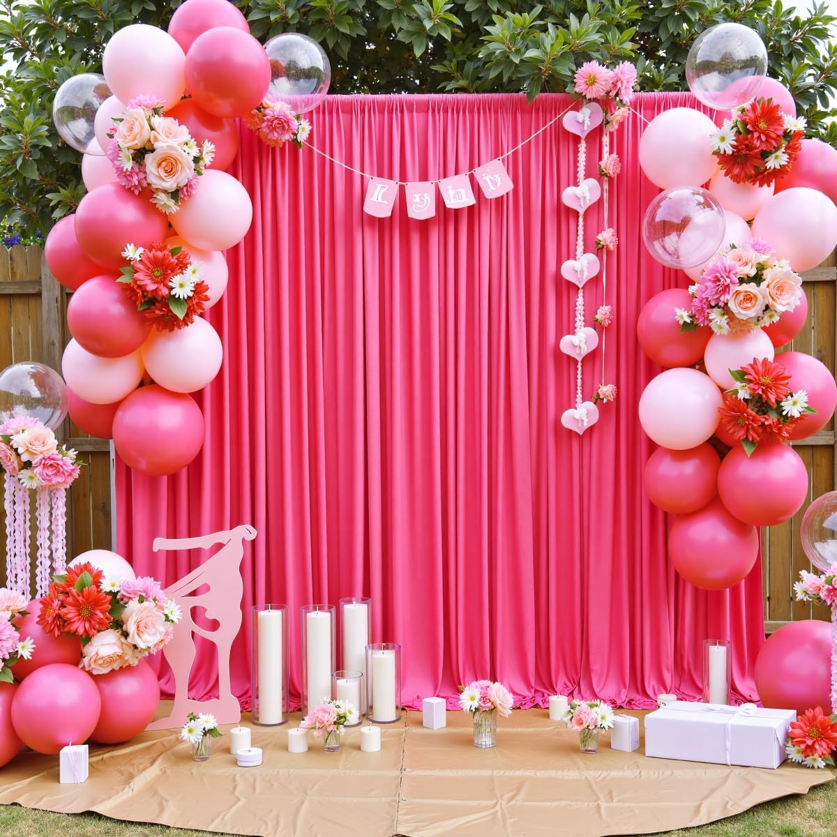 20 ft x 10 ft Wrinkle Free Fuchsia Backdrop Curtain for Parties, 4 Panels Polyester Hot Pink Photo