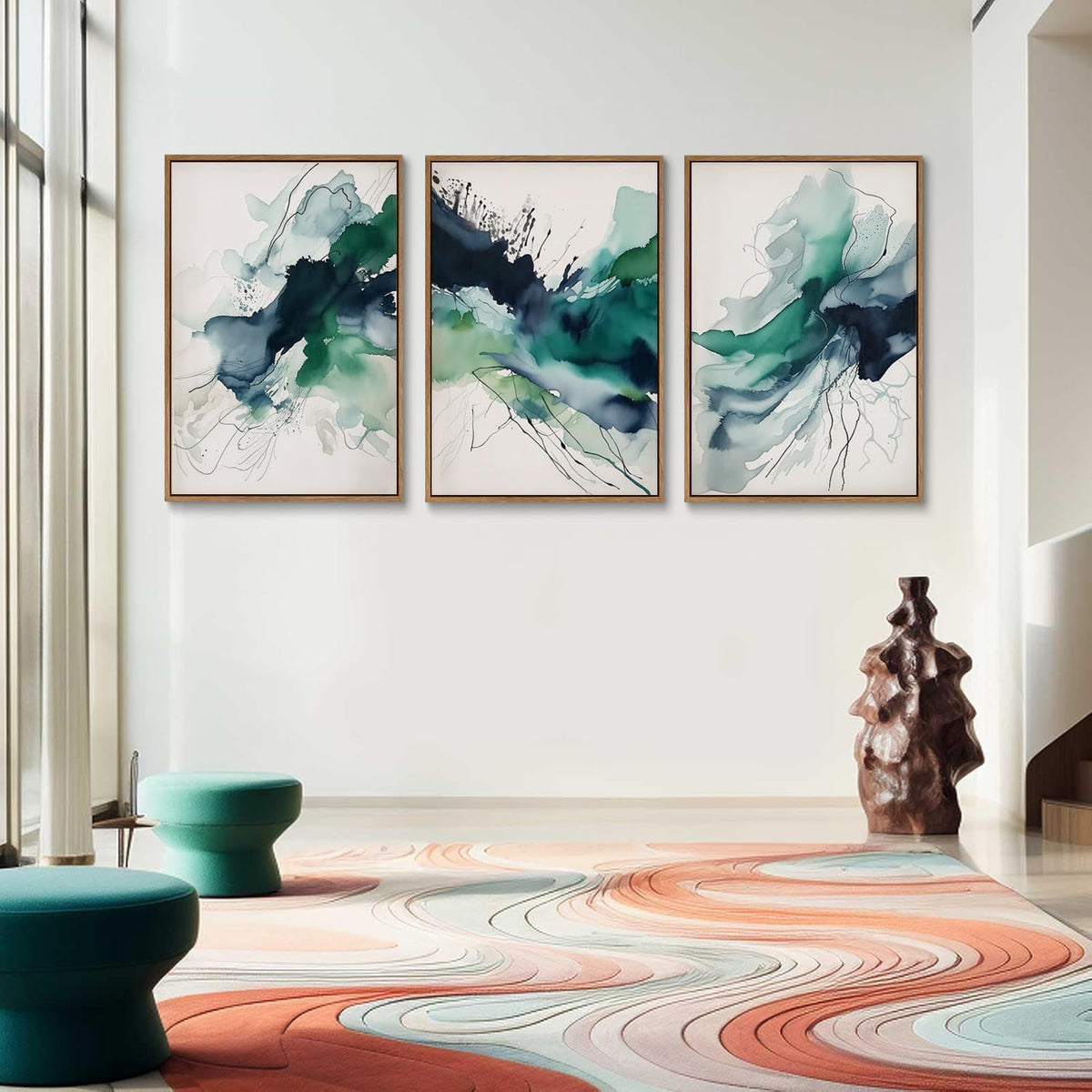 myusuar 3 Piece Large Abstract Framed Wall Art For Living Room, Smoke Texture Ink Emerald Green