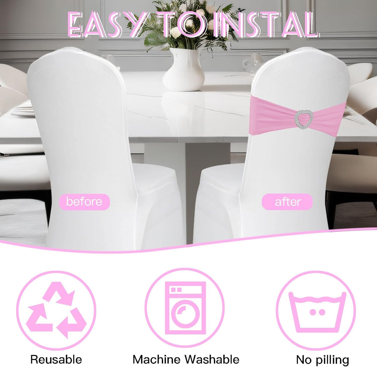 100PCS Spandex Stretch Chair Sashes Bows Universal Elastic Chair Cover Bands Ties with Buckle