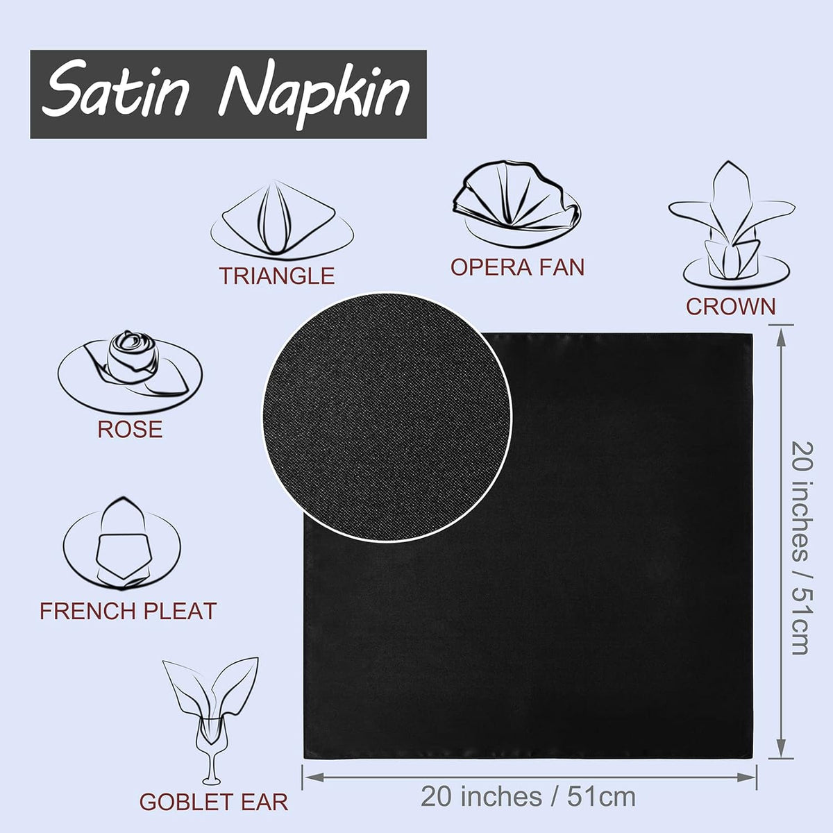 Horbaunal 30 Pack Black Satin Napkins 20 x 20 Inch, Square Soft Table Dinner Napkins, Silky Cloth