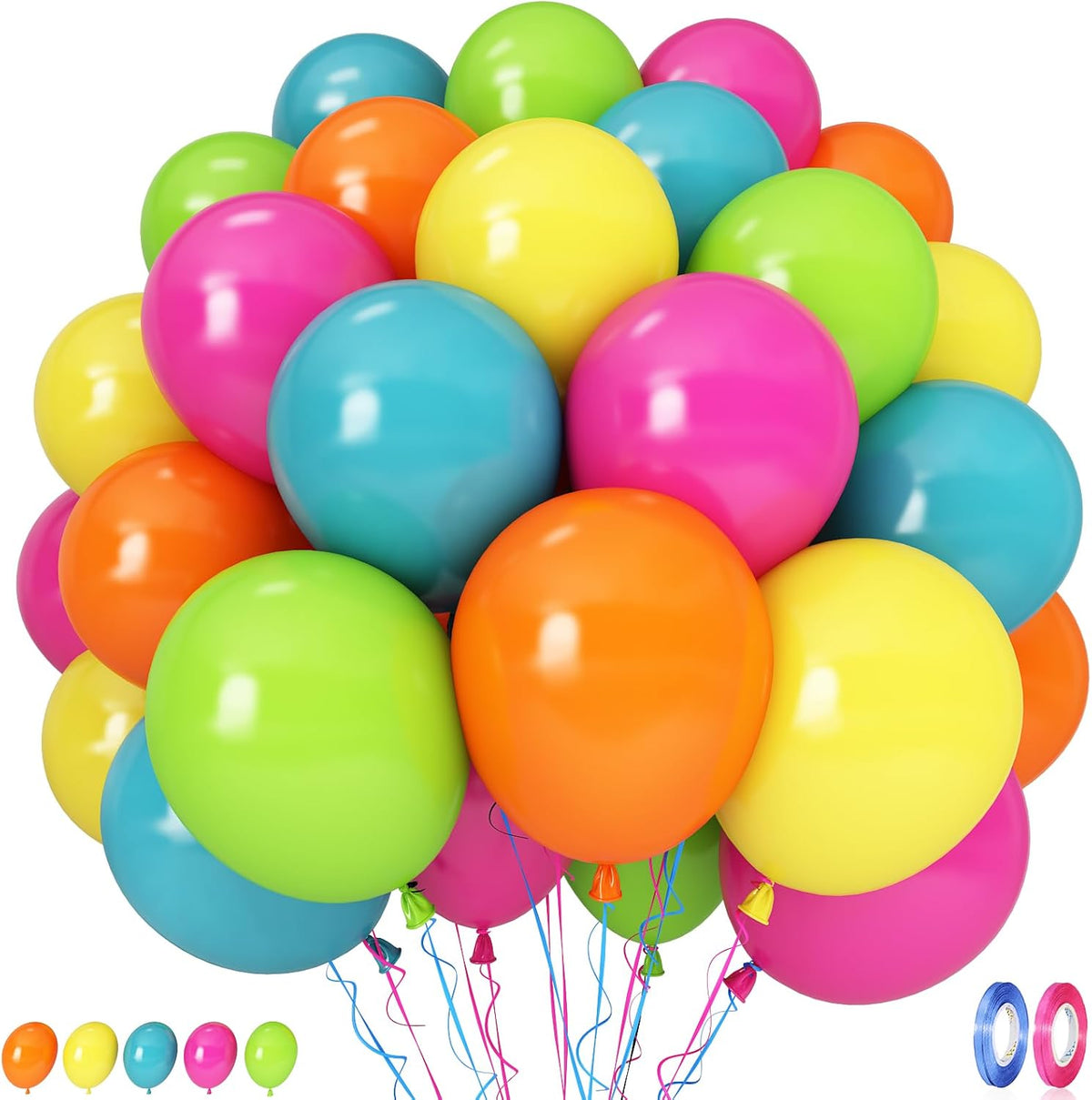 Hawaii Balloons Set, Pack of 60 12 Inch Hot Pink Orange Blue Light Green Yellow Neon Rainbow Latex