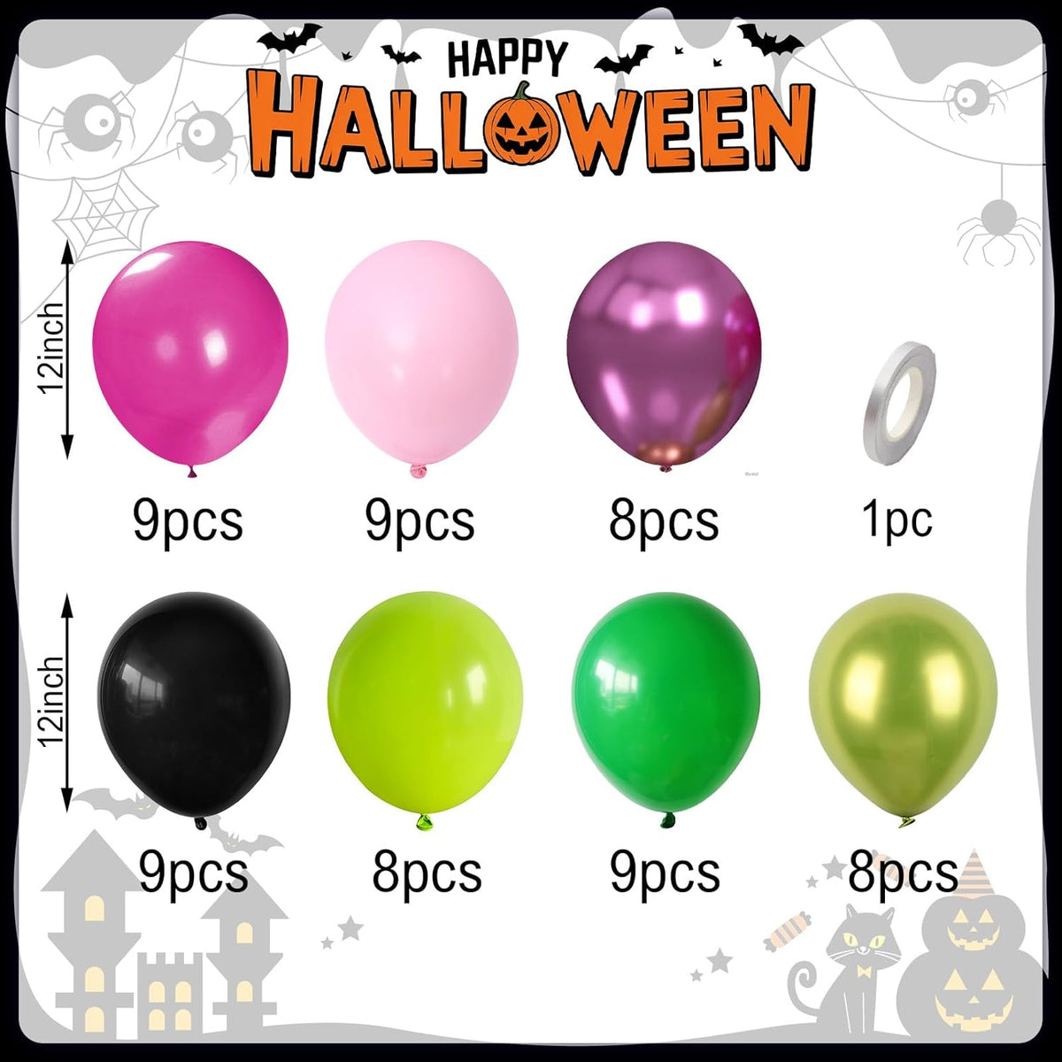 60PCS Black Pink Green Balloons, Hot Pink Dark Light Green Black Latex Balloon, Metallic Red Witch