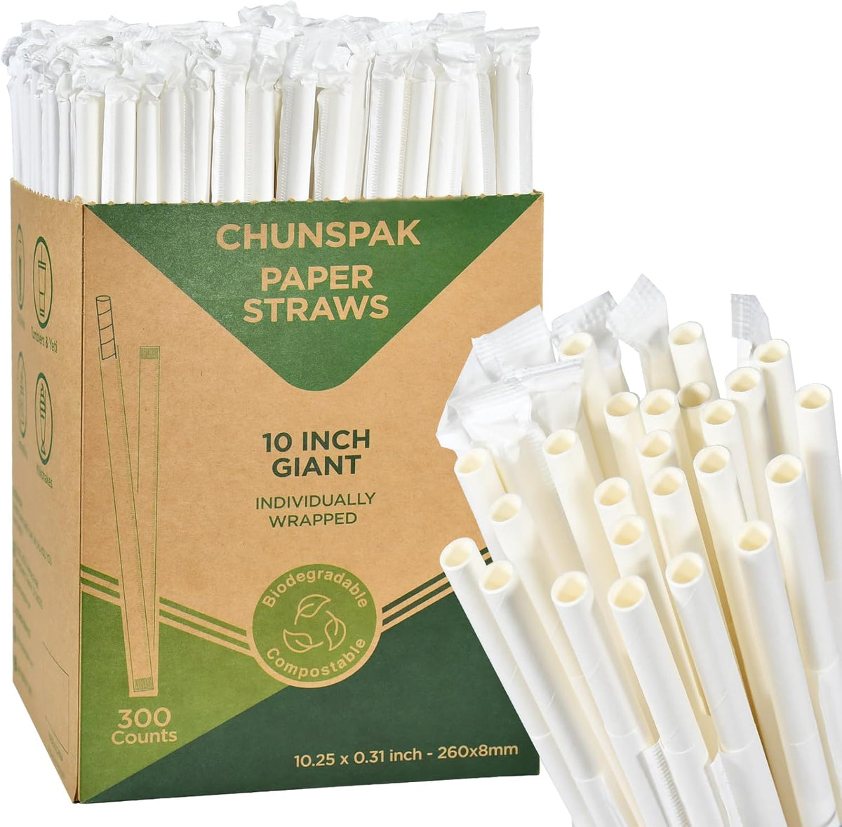 10.25" Disposable Paper Drinking Straws Individually Wrapped, 0.31" Dia. - 4 PLY Thick Heavy Duty