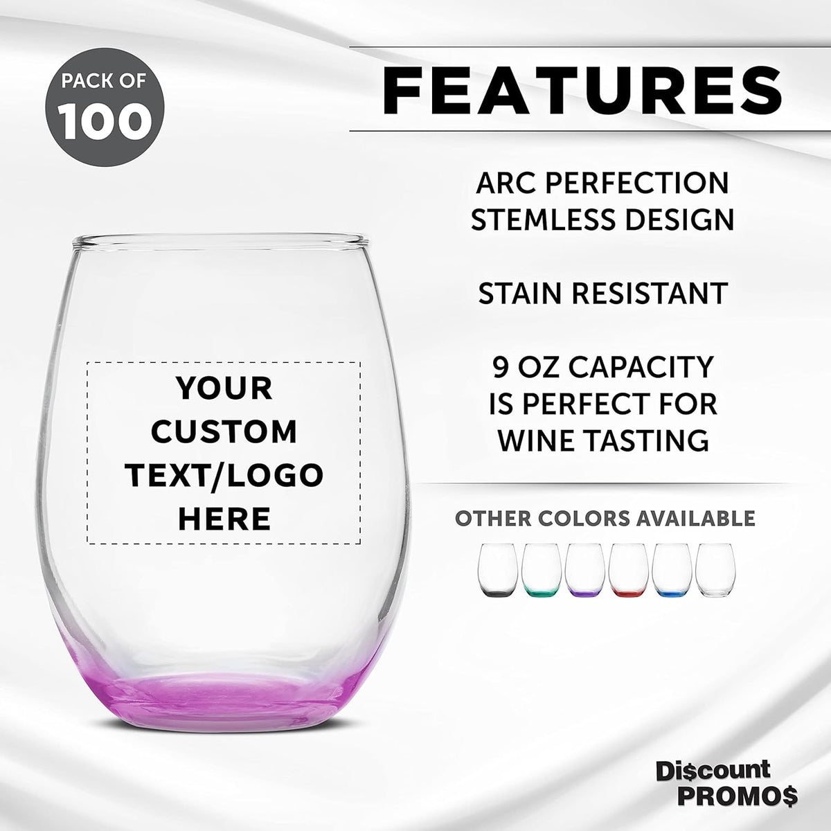Custom Stemless Wine Glass 9 oz. Set of 100, Personalized Bulk Pack - Great for Wedding Favors