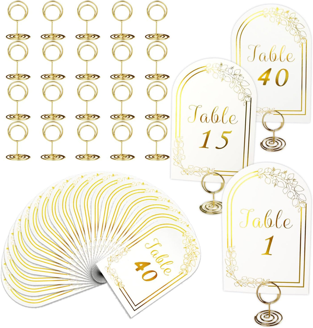 Wedding Table Numbers 1-40, 40 White Gold Cards with 40 Gold TableNumber Holders for Wedding