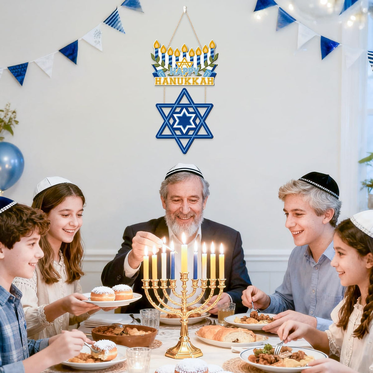 CHDITB Happy Hanukkah Shalom Front Door Sign(12"x20"), Wooden Jewish Festival of Light Blue Menorah