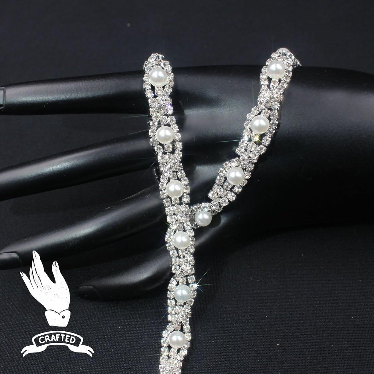 PEARLY JUN 1 Yard Pearl Rhinestone Trim Chain Silver Crystal Fringe Diamond Applique Ribbon String