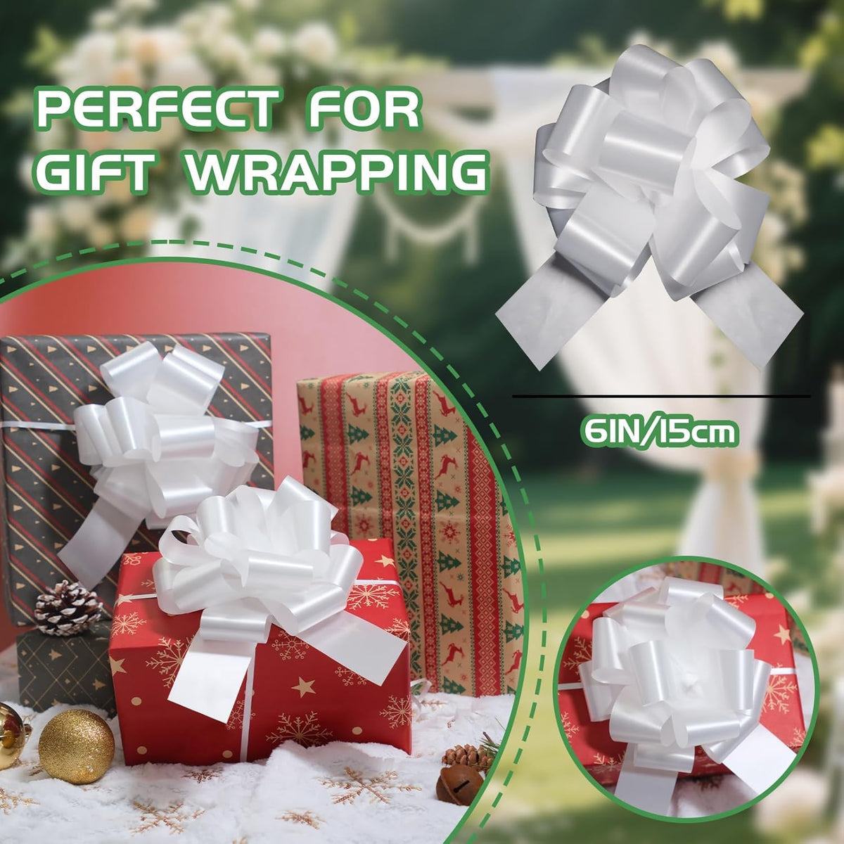 6 Pcs 6 Inch White Pull Bows, Perfect for Gift Wrapping, Gift Wrapping Baskets Wedding Christmas
