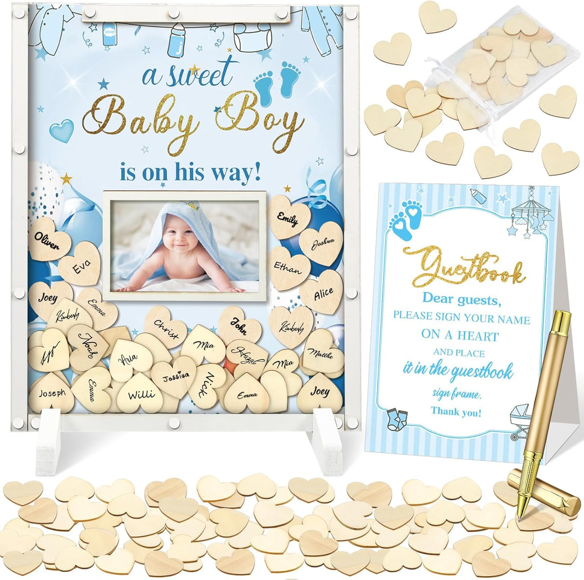 65 Pcs Blue Baby Shower Guest Book Alternatives He or She Gender Reveal Baby Shower Decorations