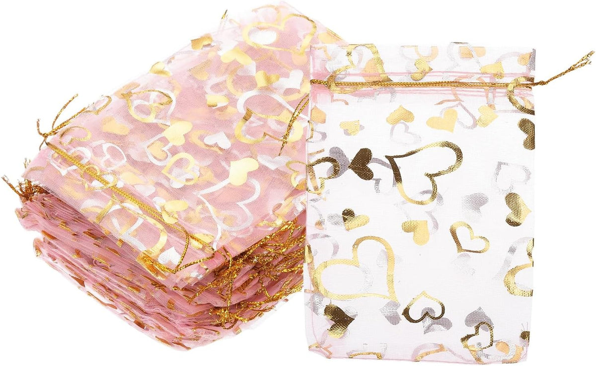 PATIKIL 50 Pcs 4x6 Inch Heart Printed Organza Bags, Pink Sheer Heart Organza Bags with Drawstring