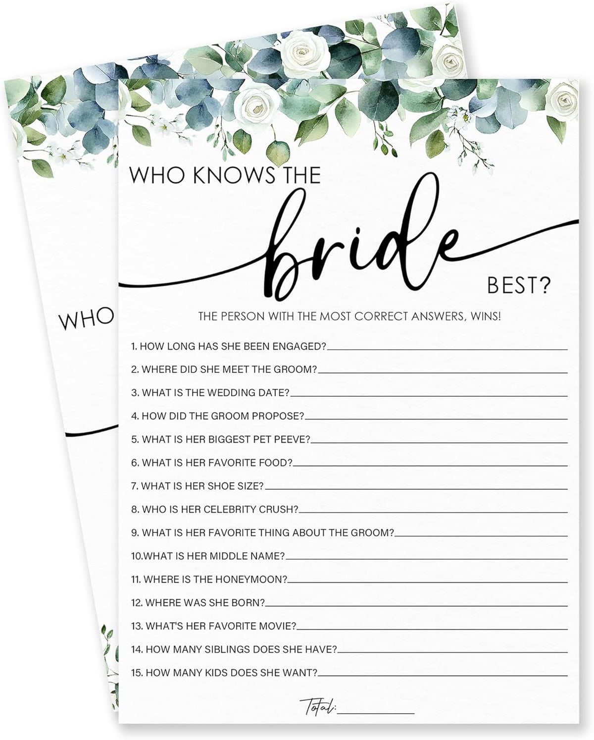 Who Knows The Bride Best - Botanical Bridal Shower Game Cards - 50 Pcs Eucalyptus Leaves Game Cards