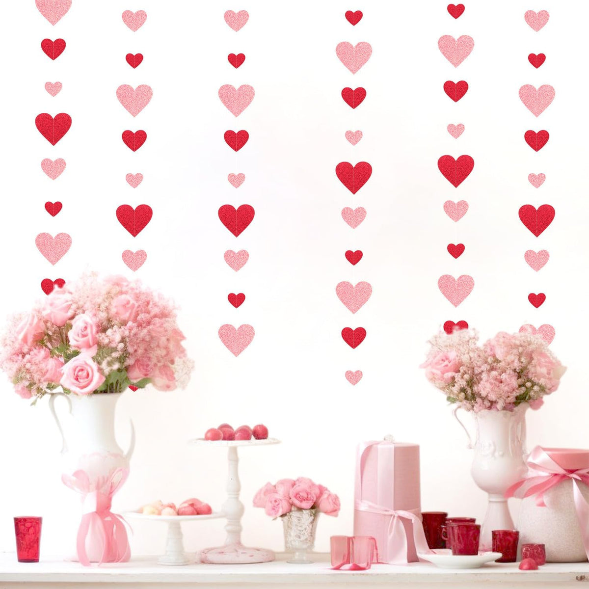 Red Pink Party-Decoration Heart Garland - 40ft Galentines Hanging Paper Streamers, Proposal