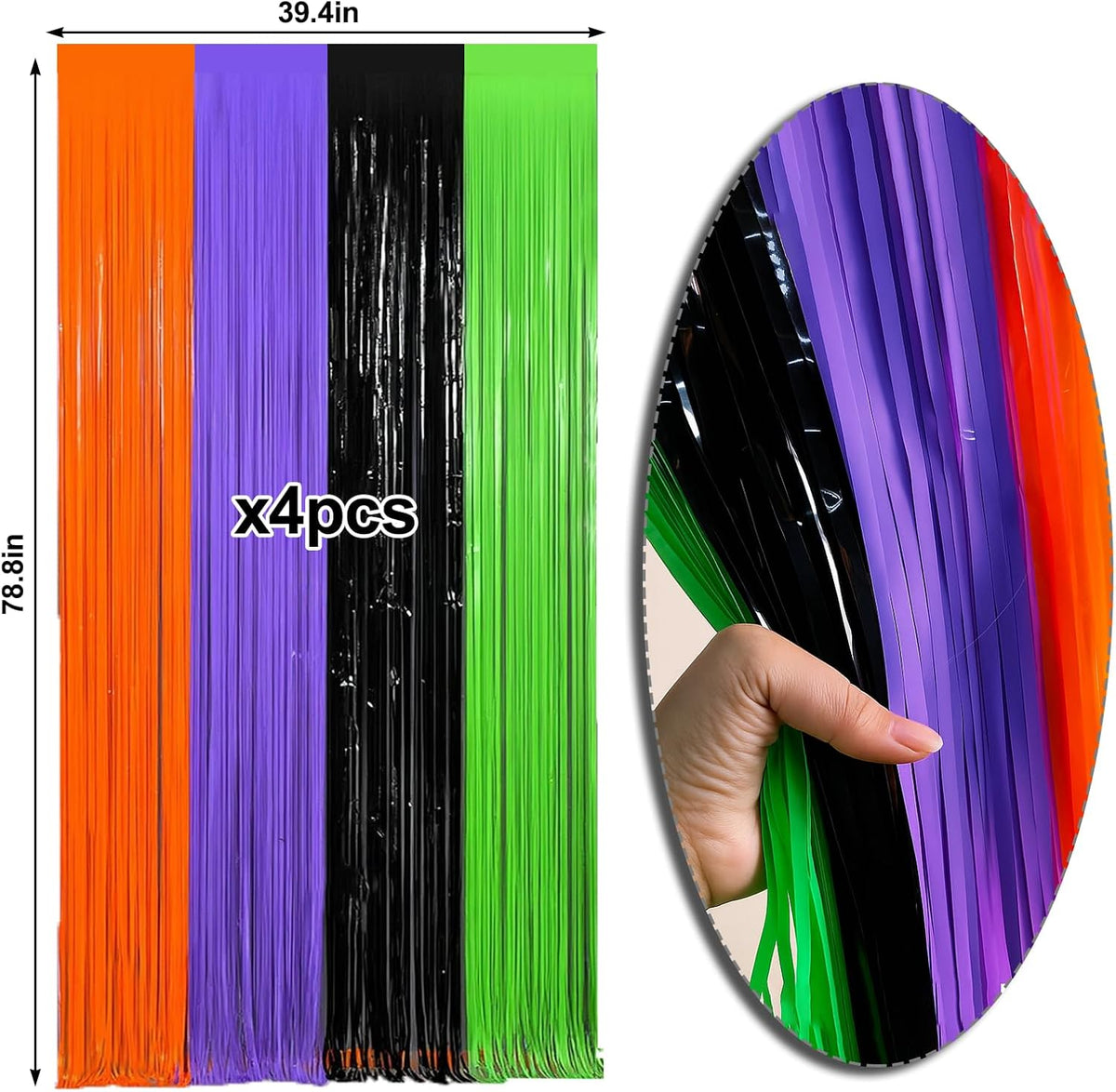 4 Packs Halloween Foil Fringe Curtain, Orange Black Purple and Green Metallic Tinsel Backdrop for