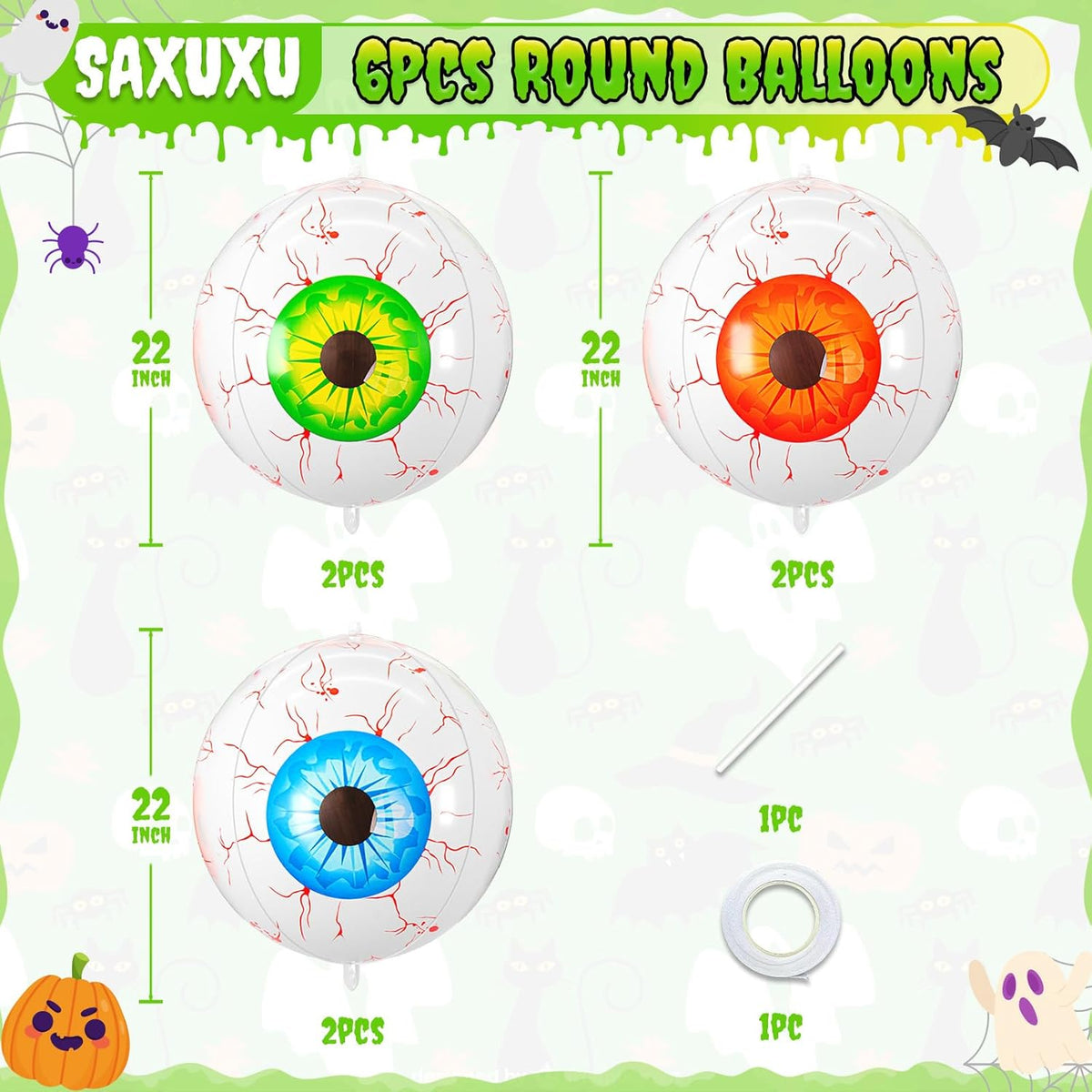 Halloween Foil Balloons Orange Green Blue Eye, 6 Pcs Large Eye Giant 4D Round Balloons, 22 Inch Big