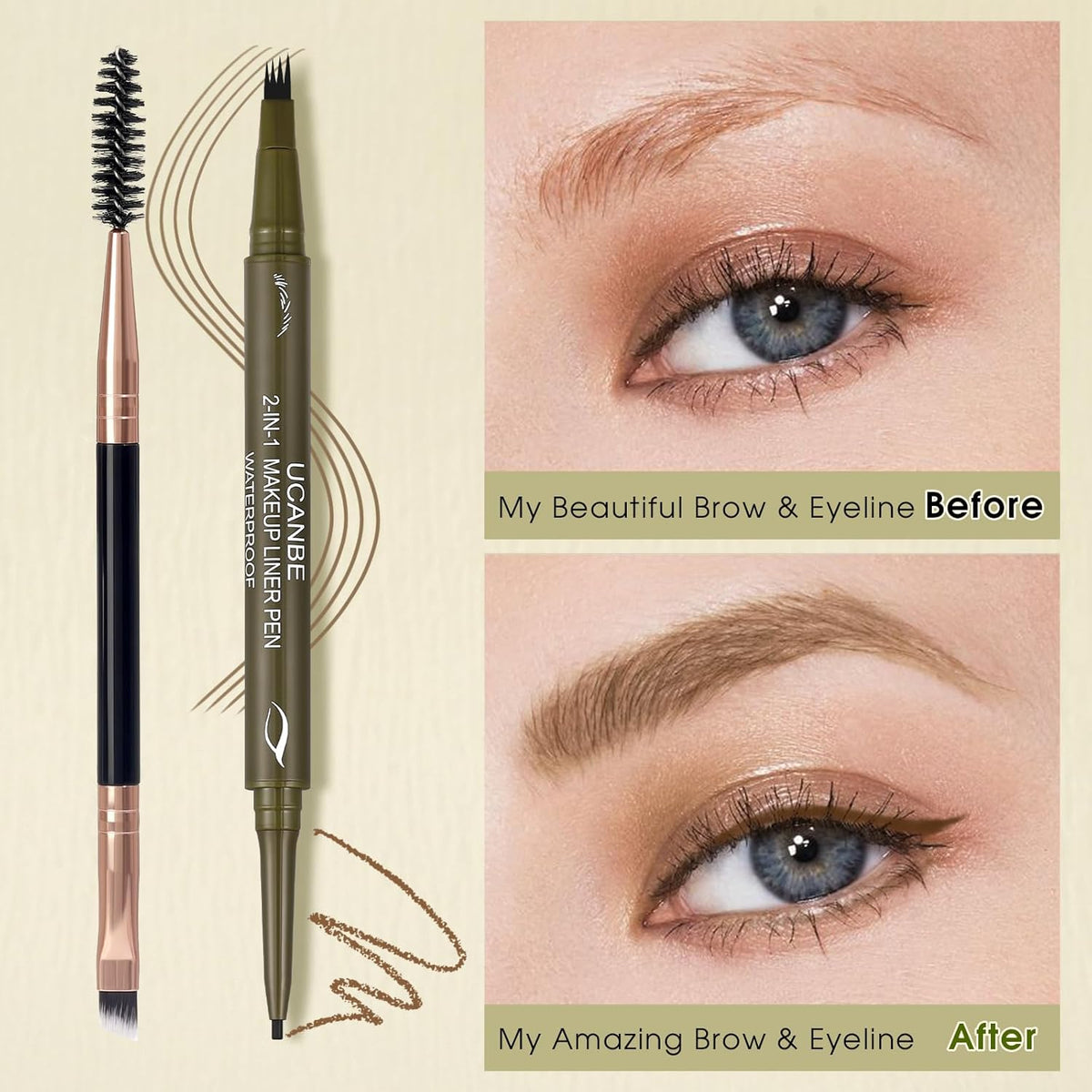 UCANBE Eyebrow Pencils for Women with Spoolie Brush, Dual-Ended Eyebrow Pen with 4-Fork-Tip & Gel