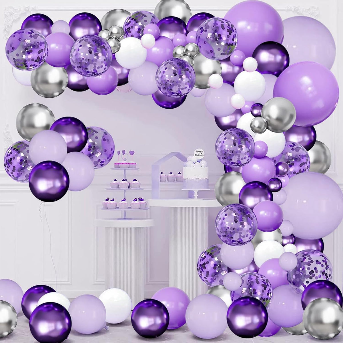 Purple Balloons Garland Arch Kit,144pcs Lavender Purple Pastel Purple Confetti Balloons with Silver