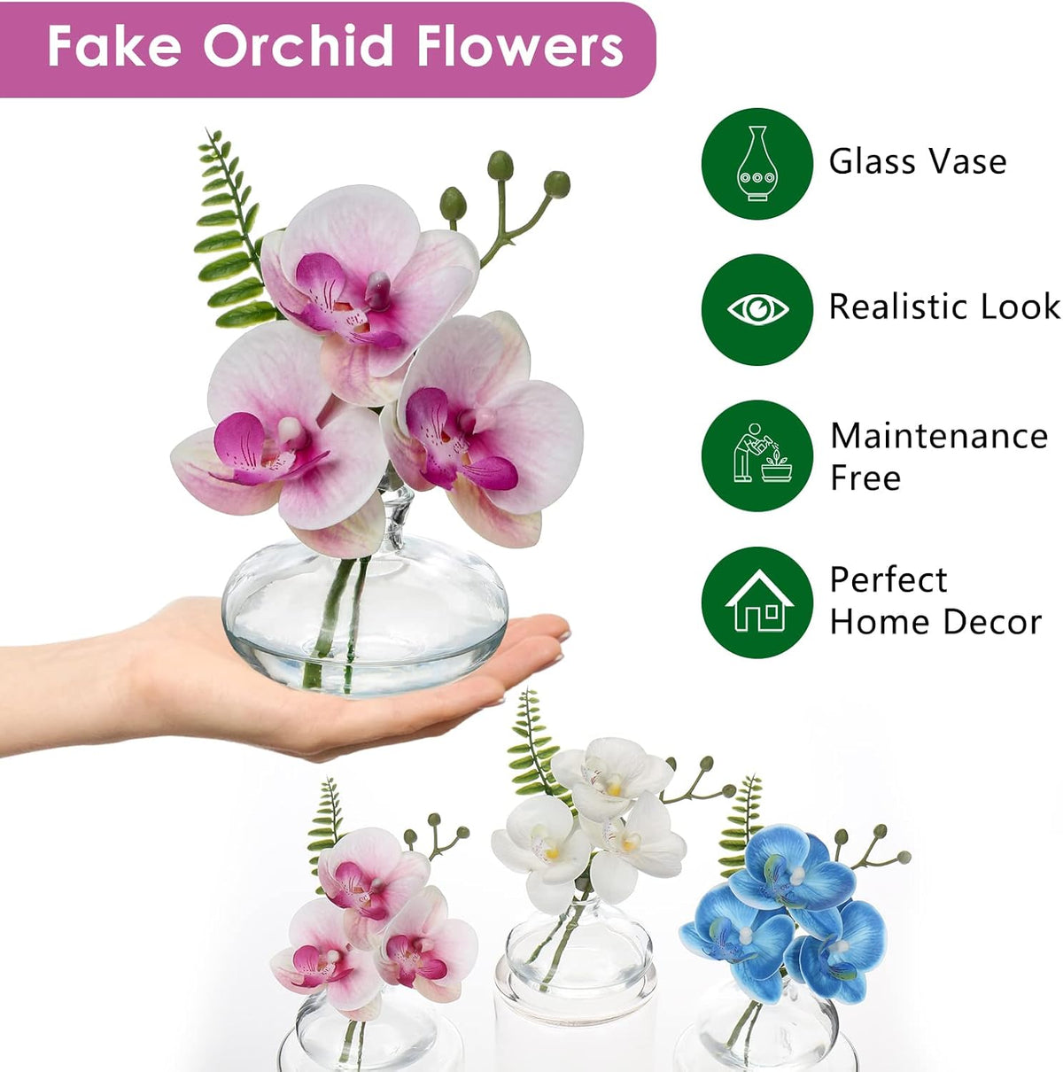 Pink Orchids Artificial Flowers Faux Orchids Arrangement in Clear Glass Vases Set of 3 Real Touch
