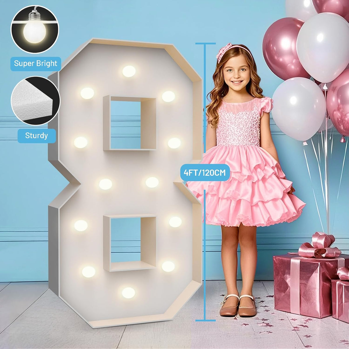 4FT Marquee Light Up Numbers 8,Party Decoration Large Marquee Light Up Letters with Weighted Water