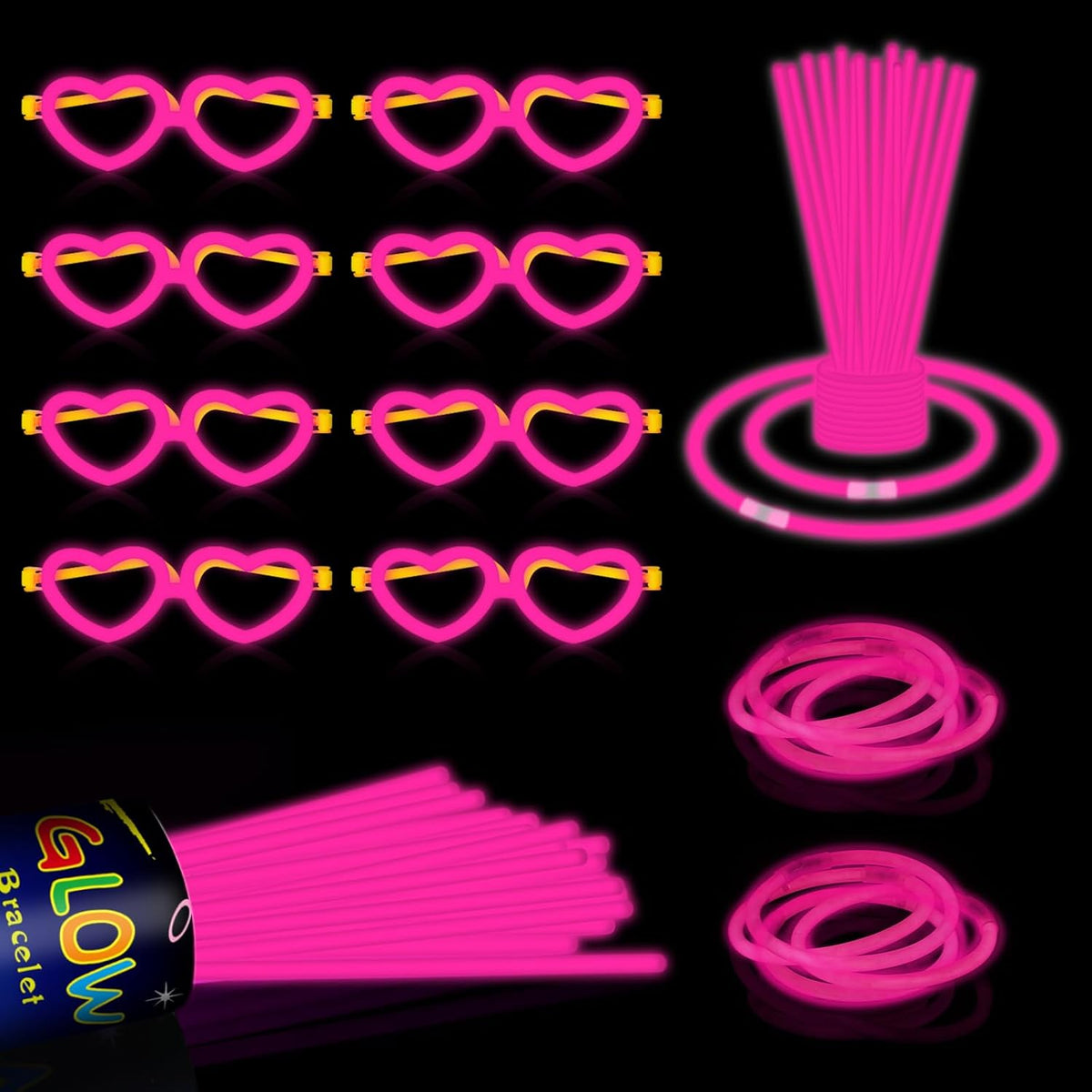 60 Pack 8” Pink Glow Sticks Bulk Bright Glow Sticks with 60 Connectors 20 Heart Glasses Glow In The