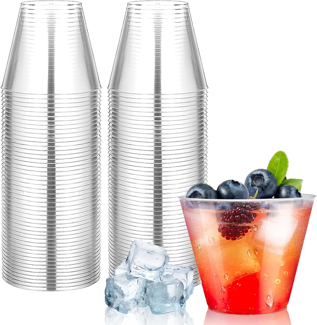 100Counts 9 OZ. Disposable Cups Old fashioned Party Tumblers, 9 Ounce Squat Cups Clear Hard Plastic