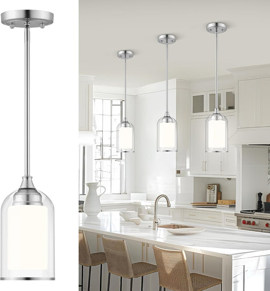 LIROUVET Modern Pendant Lights - Dual Glass Pendant Lights Kitchen Island, Brushed Nickel Hanging