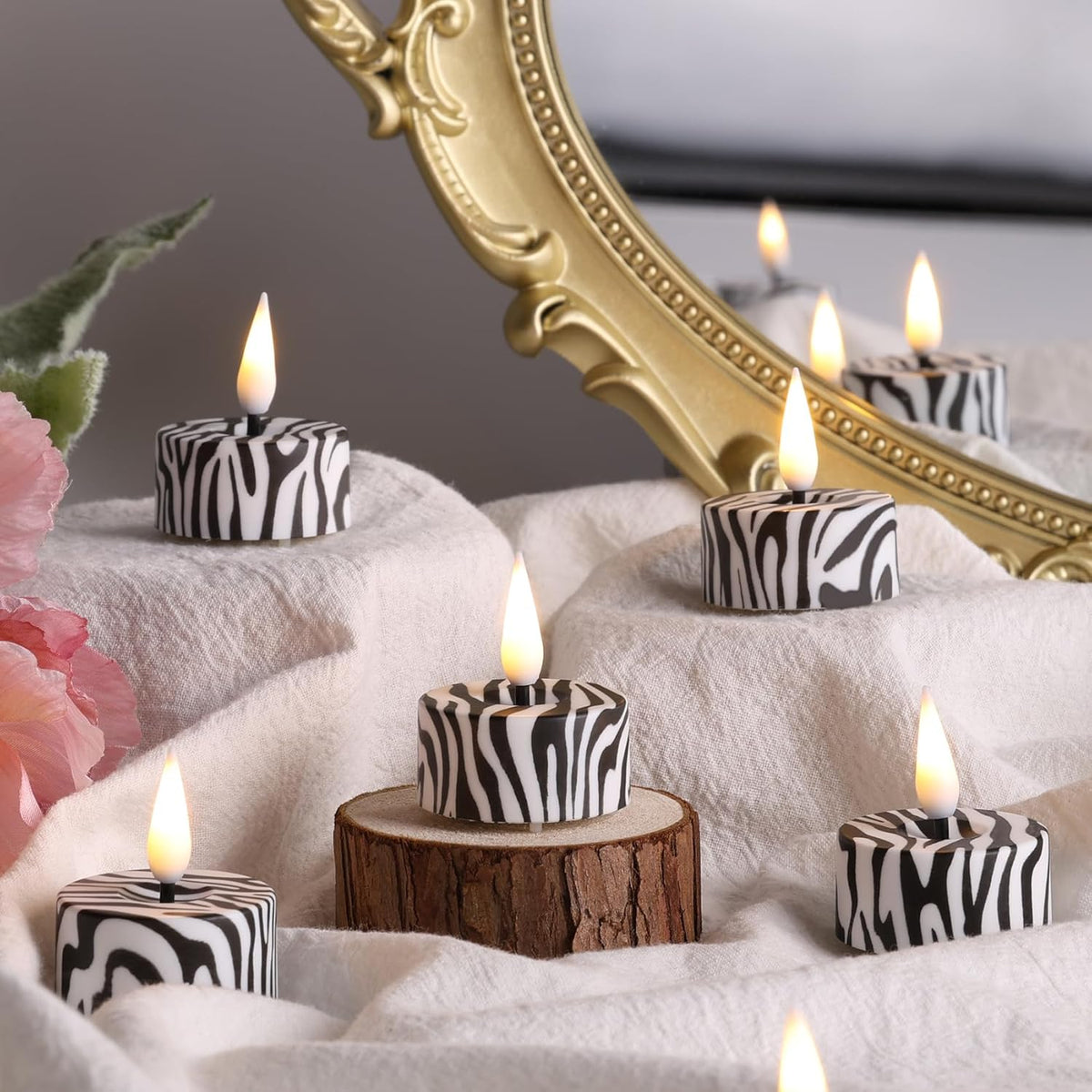 Eywamage Zebras Animal Pattern Flameless Tealights with Remote Batteries, Flickering LED Tea Votive