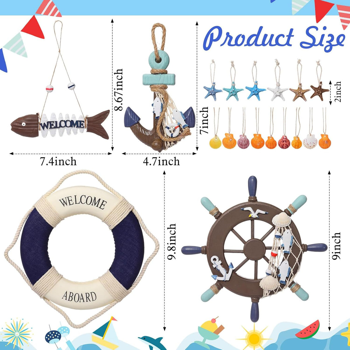 Marsui 11 Pcs Wooden Nautical Wall Decor Fishing Net Decoration, Include Decorative Fishing Net